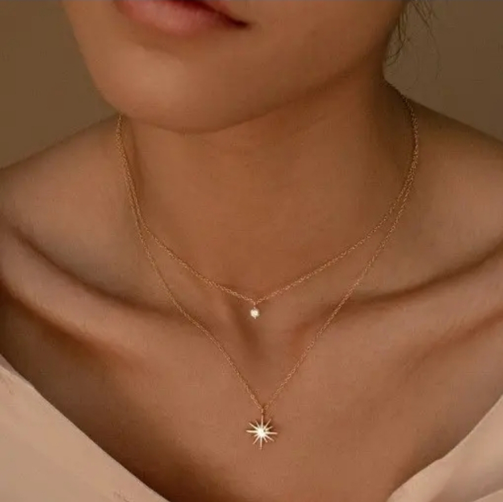 18K Stainless Steel Tarnish-Free Layered rhinestone and starburst Necklace